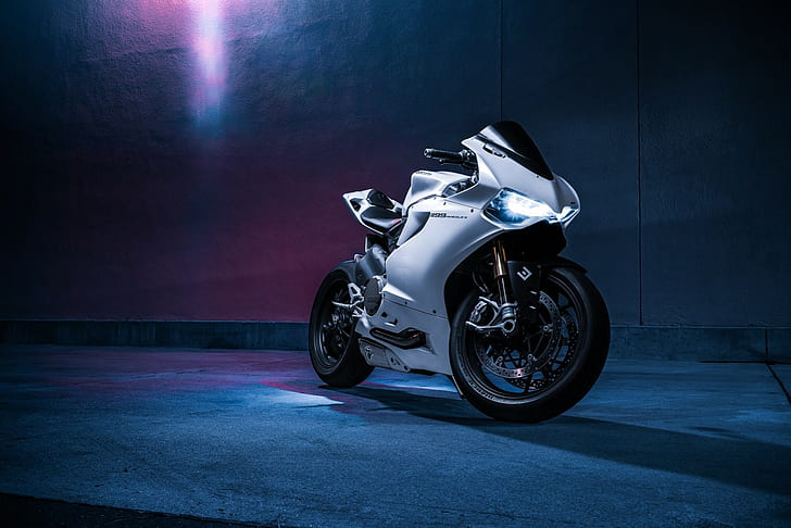 motor sport putih dan hitam, Ducati 1199, sepeda motor, Wallpaper HD
