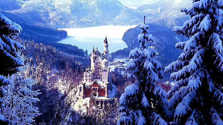 Нойшванштайн, замок, Бавария, Германия, зима, озеро, Европа, HD обои