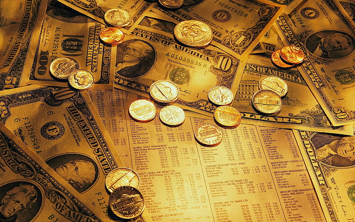mesa de vidro de moldura de madeira marrom, dinheiro, moedas, HD papel de parede
