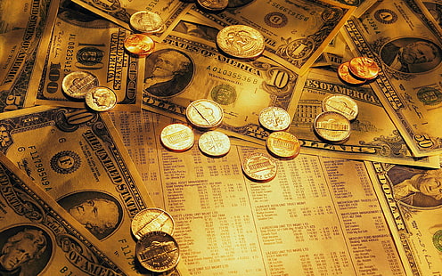 mesa de vidro de moldura de madeira marrom, dinheiro, moedas, HD papel de parede HD wallpaper