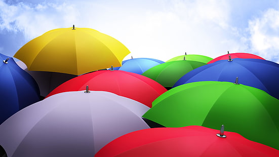 colors, 3d, sky, clouds, umbrellas, colorful, HD wallpaper HD wallpaper