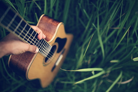 brown acoustic guitar, guitar, hand, strings, fingers, HD wallpaper HD wallpaper