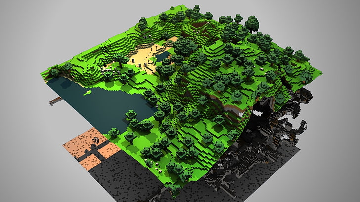 Ilustración del terreno de Minecraft, Minecraft, tierra, árboles, lago, Fondo de pantalla HD
