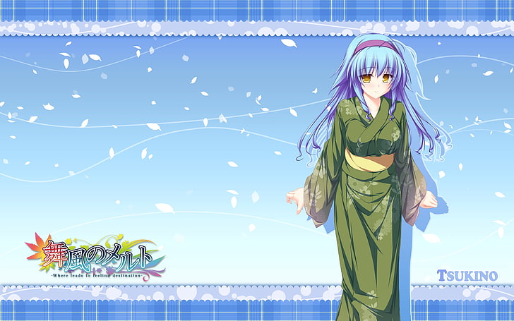 blue haired girl anime character, mikagami mamizu, lunaris filia, hiiragi tsukino, girl, kimono, HD wallpaper