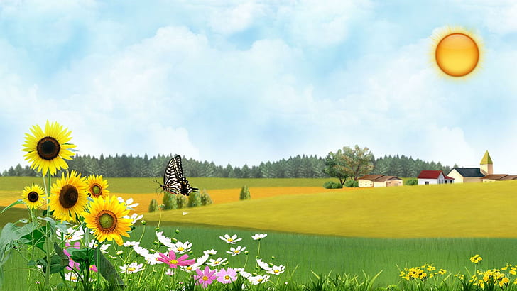 Sunflower Ranch, ranch, sunshine, butterfly, daisies, trees, field, country, farm, persona, sunflowers, 3d and abst, HD wallpaper