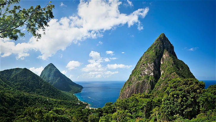 Mountains, Mountain, Earth, Horizon, Ocean, Sea, St. Lucia, HD wallpaper