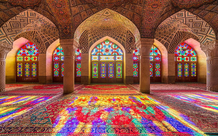 Arch, architecture, Colorful, Column, Indoors, Islamic Architecture, Mosque, Mulk Mosque, Nasir al, Stained Glass, HD wallpaper