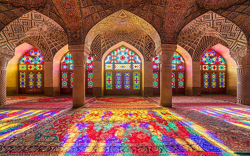 Łuk, architektura, kolorowe, kolumna, wewnątrz, architektura islamu, meczet, meczet Mulk, Nasir al, witraże, Tapety HD HD wallpaper