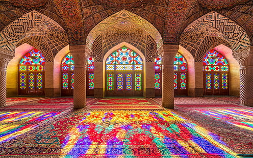 Arquitectura, arquitectura islámica, mezquita, mezquita Nasir al-Mulk, colorido, columna, arco, interior, vidrieras, Irán, Fondo de pantalla HD HD wallpaper