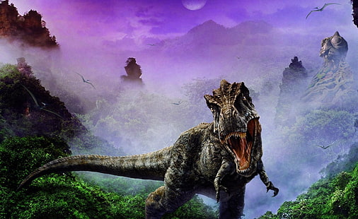 Ilustración de T-Rex, dinosaurio, mandíbulas, colmillos, niebla, Fondo de pantalla HD HD wallpaper