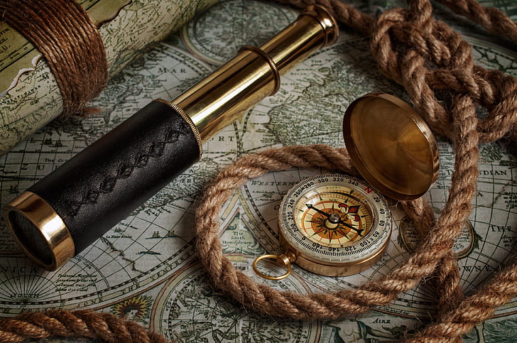 map, rope, compass, spyglass, telescope, old maps, nautical  navigation tools, HD wallpaper