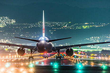 avión blanco, noche, luces, Japón, aeropuerto, el avión, Osaka, Fondo de pantalla HD HD wallpaper