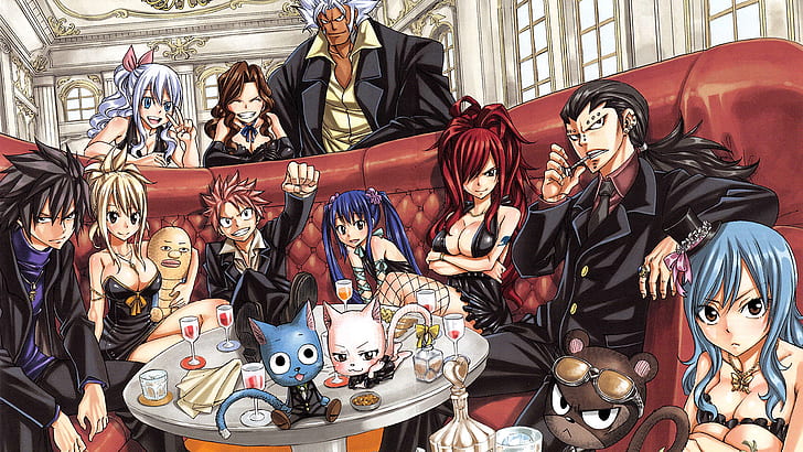 Anime, Fairy Tail, Black Dress, Black Hair, Blonde, Blue Eyes, Blue Hair, Boy, Brown Eyes, Brown Hair, Cana Alberona, Charles (Fairy Tail), Couch, Dress, Elfman Strauss, Erza Scarlet, Fishnet, Gajeel Redfox, Girl, Gray Fullbuster, Happy (Fairy Tail), Juvia Lockser, Long Hair, Lucy Heartfilia, Mirajane Strauss, Natsu Dragneel, Necklace, Panther Lily (Fairy Tail), Pink Hair, Red Hair, Ring, Short Hair, Sitting, Smile, Sunglasses, Twintails, Wendy Marvell, White Hair, bow (Clothing), HD wallpaper