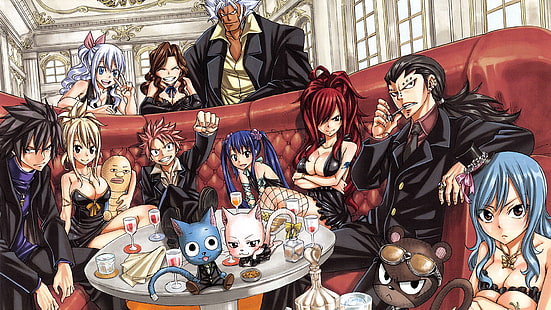 Anime, Fairy Tail, Black Dress, Black Hair, Blonde, Blue Eyes, Blue Hair, Boy, Brown Eyes, Brown Hair, Cana Alberona, Charles (Fairy Tail), Couch, Dress, Elfman Strauss, Erza Scarlet, Fishnet, Gajeel Redfox, Girl, Gray Fullbuster, Happy (Fairy Tail), Juvia Lockser, Long Hair, Lucy Heartfilia, Mirajane Strauss, Natsu Dragneel, Necklace, Panther Lily (Fairy Tail), Pink Hair, Red Hair, Ring, Short Hair, Sitting, Smile, Sunglasses, Twintails, Wendy Marvell, White Hair, bow (Clothing), HD wallpaper HD wallpaper