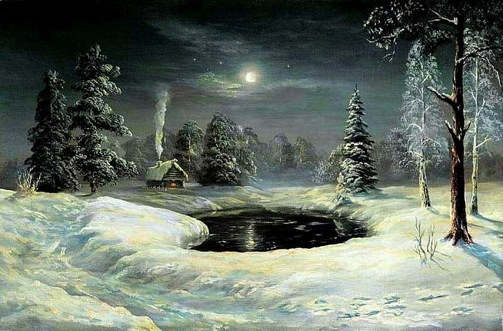 Long Winter's Night, trees, full moon, snow, pine trees, winter, pond, moon, 3d and abstract, HD wallpaper