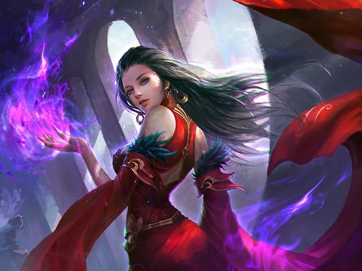 Fantasy, Witch, Girl, Purple Eyes, Red Dress, Sorceress, Woman, HD wallpaper