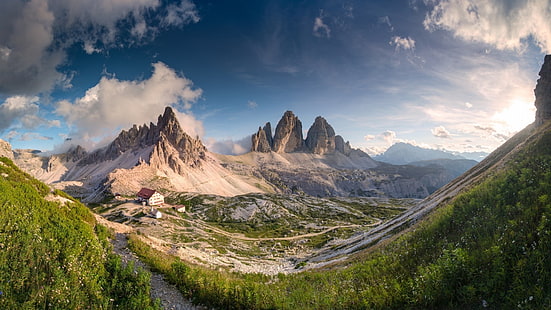 fält för grönt gräs, landskap, Dolomiterna (berg), Italien, berg, dal, HD tapet HD wallpaper