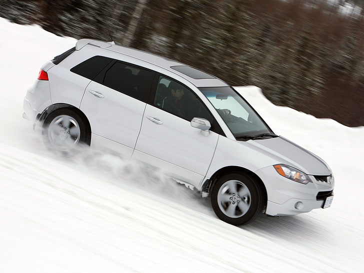 silver Acura RDX SU V, acura, rdx, white, jeep, side view, speed, cars, snow, forest, HD wallpaper