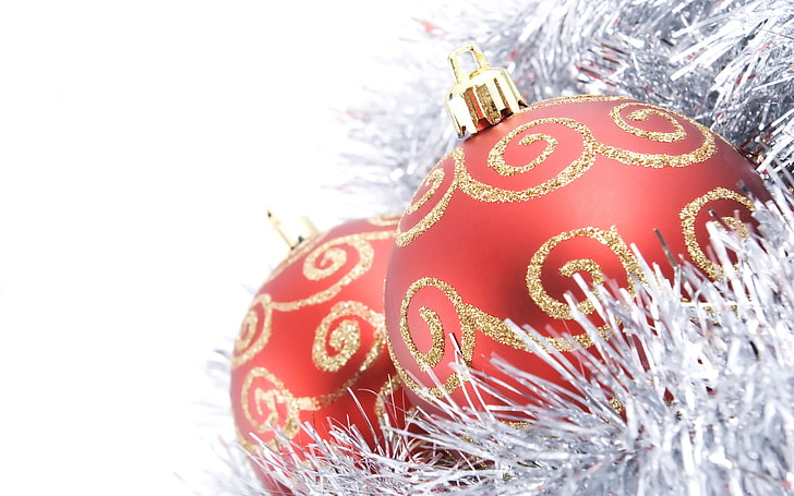 two red baubles, New Year, Christmas ornaments , decorations, HD wallpaper
