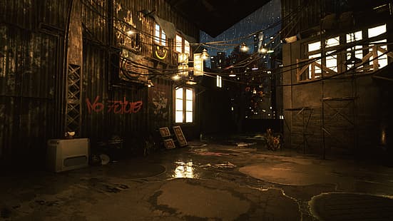  slum, graffiti, futuristic, cyberpunk, night, urban, architecture, HD wallpaper HD wallpaper