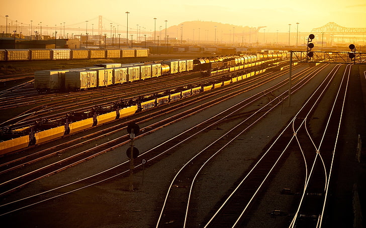 السكك الحديدية قطار الصلب الرمادي ، أوكلاند ، كاليفورنيا ، السكك الحديدية ، غروب الشمس، خلفية HD