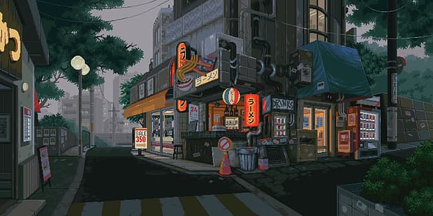Ванелла, пиксель арт, город, улица, неон, HD обои HD wallpaper