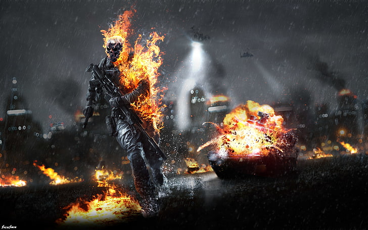Fond d'écran Ghost Rider, feu, homme du feu, jeux vidéo, Battlefield 4, Battlefield, crâne, Fond d'écran HD