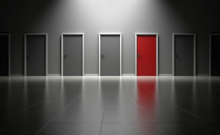 Choices, selective color photo of red wooden flush door, Artistic, 3D, Gray, Choose, Building, Wall, Future, Room, Symbol, Doors, Floor, Direction, Choices, Enter, pathway, Entrance, decision, Doorway, career, alternative, closed, challenge, solution, selection, select, opportunity, choosing, option, decide, dilemma, HD wallpaper