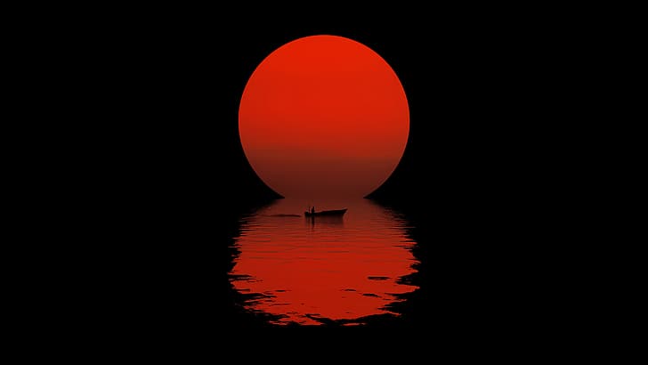 matahari, malam, refleksi, perahu, siluet, latar belakang hitam, matahari, lingkaran merah, lingkaran merah, Wallpaper HD