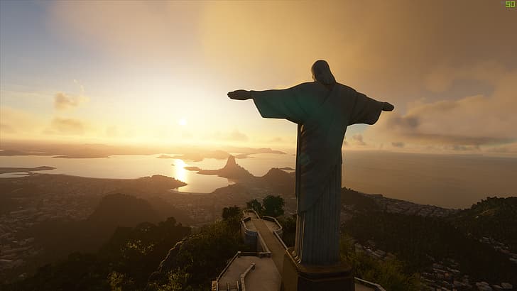 Rio de Janeiro, Brezilya, gün batımı, bulutlar, Microsoft Flight Simulator 2020, Kurtarıcı İsa Heykeli, Microsoft Flight Simulator, HD masaüstü duvar kağıdı