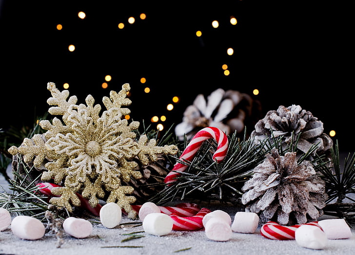 pommes de pin brunes, flocon de neige dorée, cannes de bonbon et guimauves, vacances, nouvel an, Noël, bonbons, aiguilles, bosses, flocon de neige, décor, Fond d'écran HD