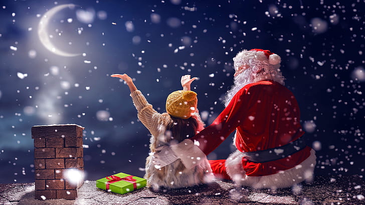 雪が降る、冬、クリスマス、サンタクロース、子供、月明かり、屋根、楽しい、休日、月、夜、クリスマスの夜、降雪、 HDデスクトップの壁紙