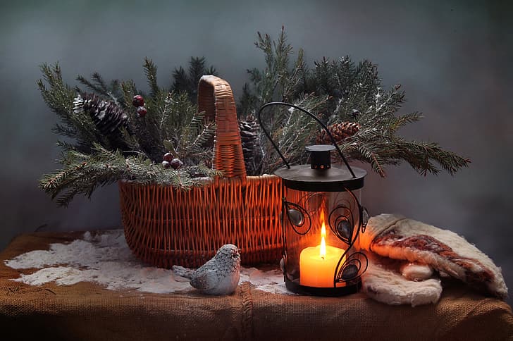 branches, holiday, basket, new year, Christmas, candle, spruce, lantern, fabric, tree, bird, bumps, burlap, mittens, figure, HD wallpaper
