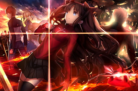 سلسلة Fate ، أنيمي ، Tohsaka Rin ، Shirou Emiya ، Sabre ، Archer (Fate / Stay Night) ، Fate / Stay Night ، التروس ، الفخذين ، فتيات الأنيمي، خلفية HD HD wallpaper