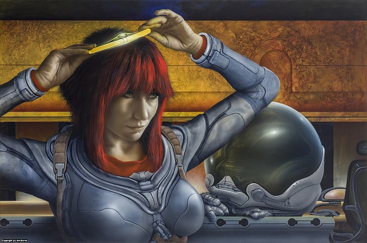 Jim Burns, wanita, lukisan, fiksi ilmiah, Rica Dawnstar, baju ruang angkasa, Wallpaper HD