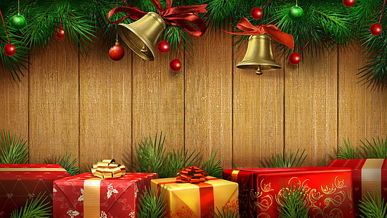 Buon Natale con campana e scatole regalo, colore, oro, tesoro, bellezza, colori, Natale, regali, rosso, dorato, bello, campane, Felice Anno Nuovo, carino, buon Natale, vacanze, fresco, delizioso, carino, carino, nastro, campana, campane di Natale, scatole, confezione regalo, confezione regalo, Sfondo HD HD wallpaper