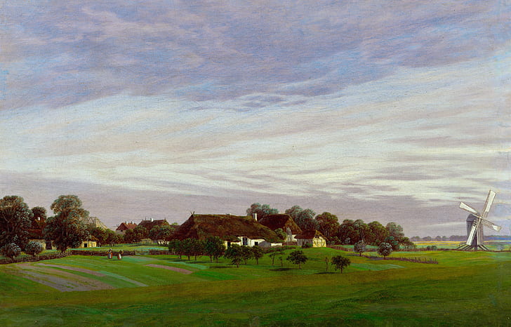 пейзаж, къща, картина, вятърна мелница, Каспар Дейвид Фридрих, остров Рюген или близо до Грайфсвалд, плоска провинция, HD тапет