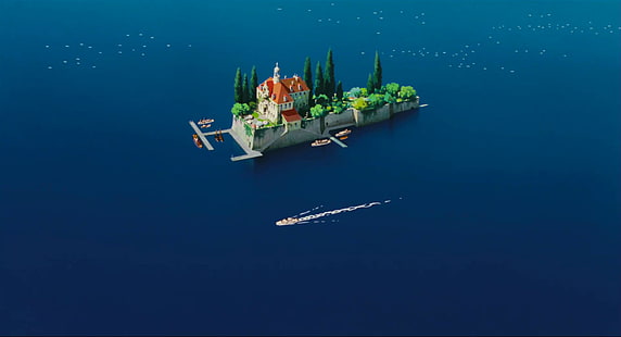 остров цифровые обои, аниме, Studio Ghibli, пейзаж, дом, вода, замок, особняки, море, лодка, остров, Porco Rosso, HD обои HD wallpaper