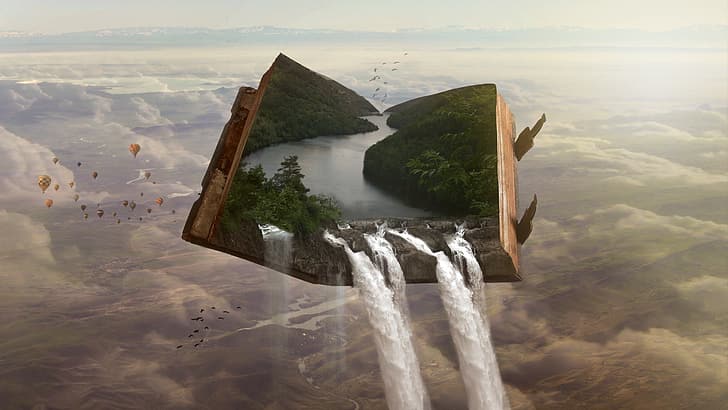 nature, waterfall, books, hot air balloons, landscape, river, forest, Photoshop, HD wallpaper