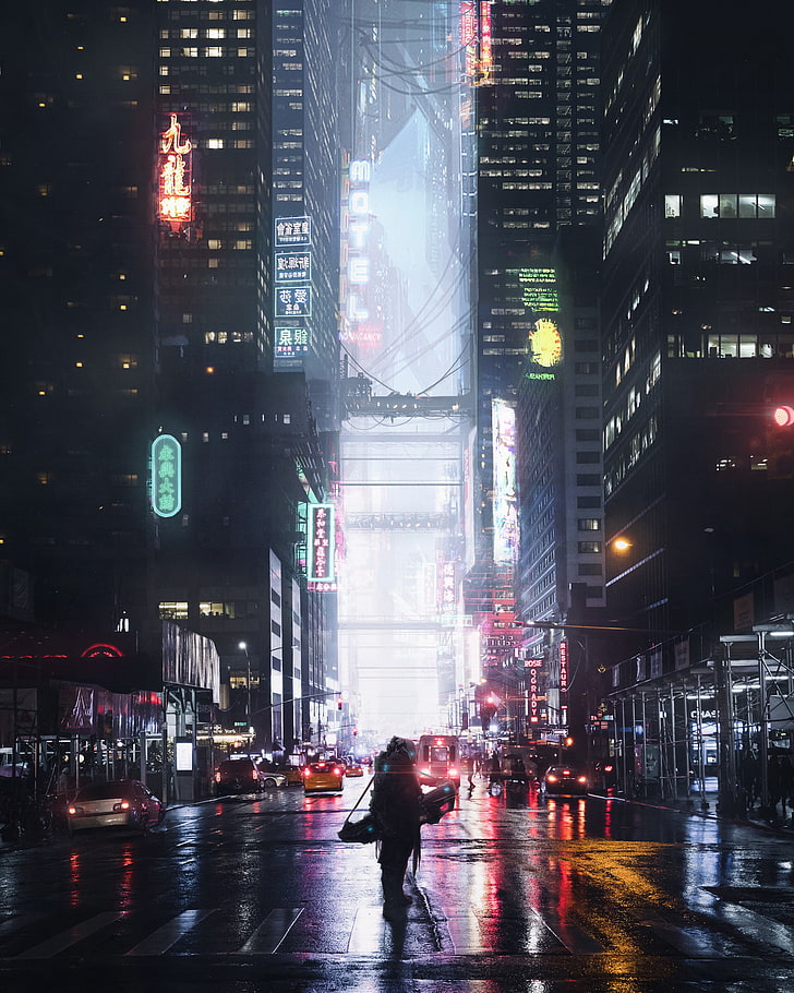Erik Osvald, Kunstwerk, digital, Stadt, Nacht, futuristisch, Cyberpunk, HD-Hintergrundbild, Handy-Hintergrundbild