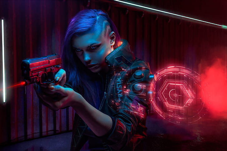 사이버 펑크, 여자, 총, 미래, 공상 과학, 무기, Octokuro, 사이버 펑크 2077, HD 배경 화면