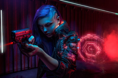киберпанк, женщины, пистолет, футуристический, научная фантастика, оружие, HD обои HD wallpaper