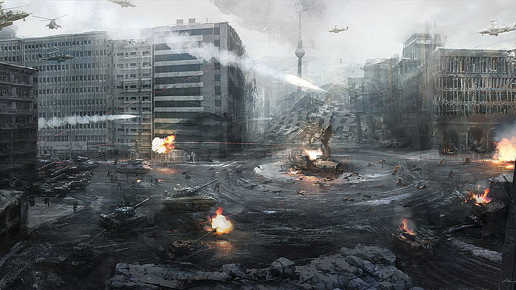 茶色の戦車映画のスクリーンショット、都市、戦争、ヘリコプター、ドイツ、戦車、ベルリン、Call of Duty Modern Warfare 3、第三次世界大戦、 HDデスクトップの壁紙
