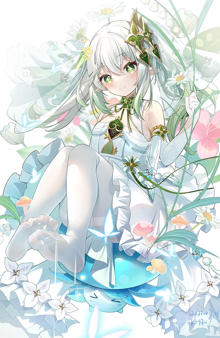 Genshin Impact, Grafik, Nahida (Genshin Impact), Anime, Anime-Mädchen, weißes Haar, grüne Augen, weißes Kleid, weiße Strumpfhose, spitze Ohren, seitlicher Pferdeschwanz, HD-Hintergrundbild, Handy-Hintergrundbild