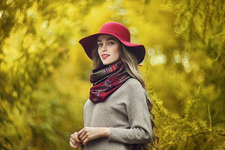 nature, plants, hat, women, women outdoors, Maxim Makarov, model, smiling, Red Hat, millinery, women with hats, HD wallpaper