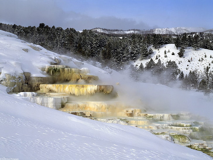 krajobraz, Park Narodowy Yellowstone, park narodowy, Wyoming, zima, miejsce geotermalne, Tapety HD