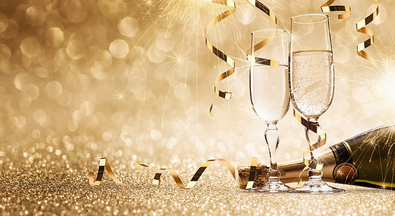 bouteille, nouvel an, verres, champagne, heureux, feux d'artifice, 2017, Fond d'écran HD HD wallpaper