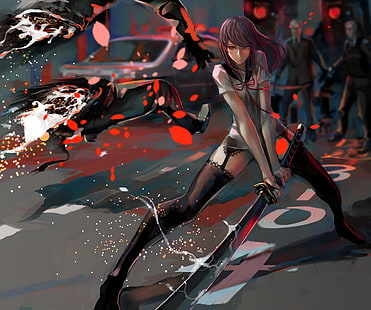 アニメ、アニメの女の子、剣、武器、長い髪、赤い目、ストッキング、 HDデスクトップの壁紙 HD wallpaper