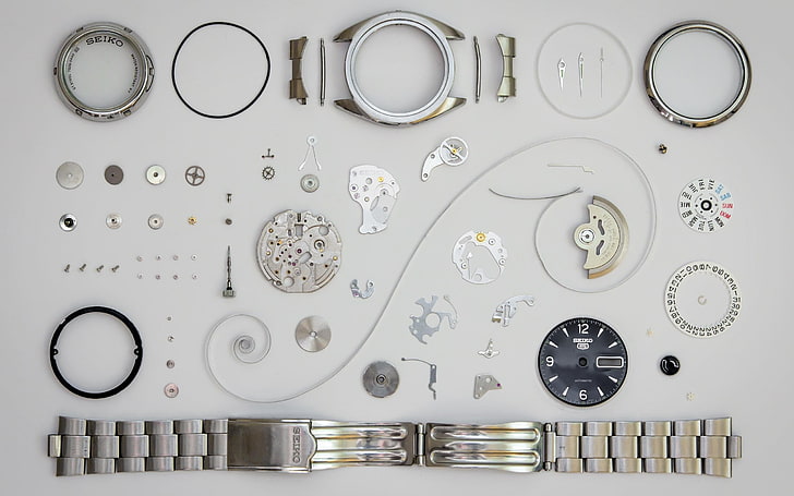 assorted-color wrist watch parts, watch, luxury watches, Seiko, dials, clockwork, clockworks, gears, screw, spring, bracelets, metal, elements, numbers, HD wallpaper