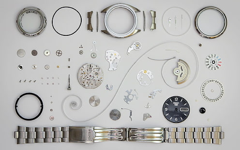 assorted-color wrist watch parts, watch, luxury watches, Seiko, dials, clockwork, clockworks, gears, screw, spring, bracelets, metal, elements, numbers, HD wallpaper HD wallpaper